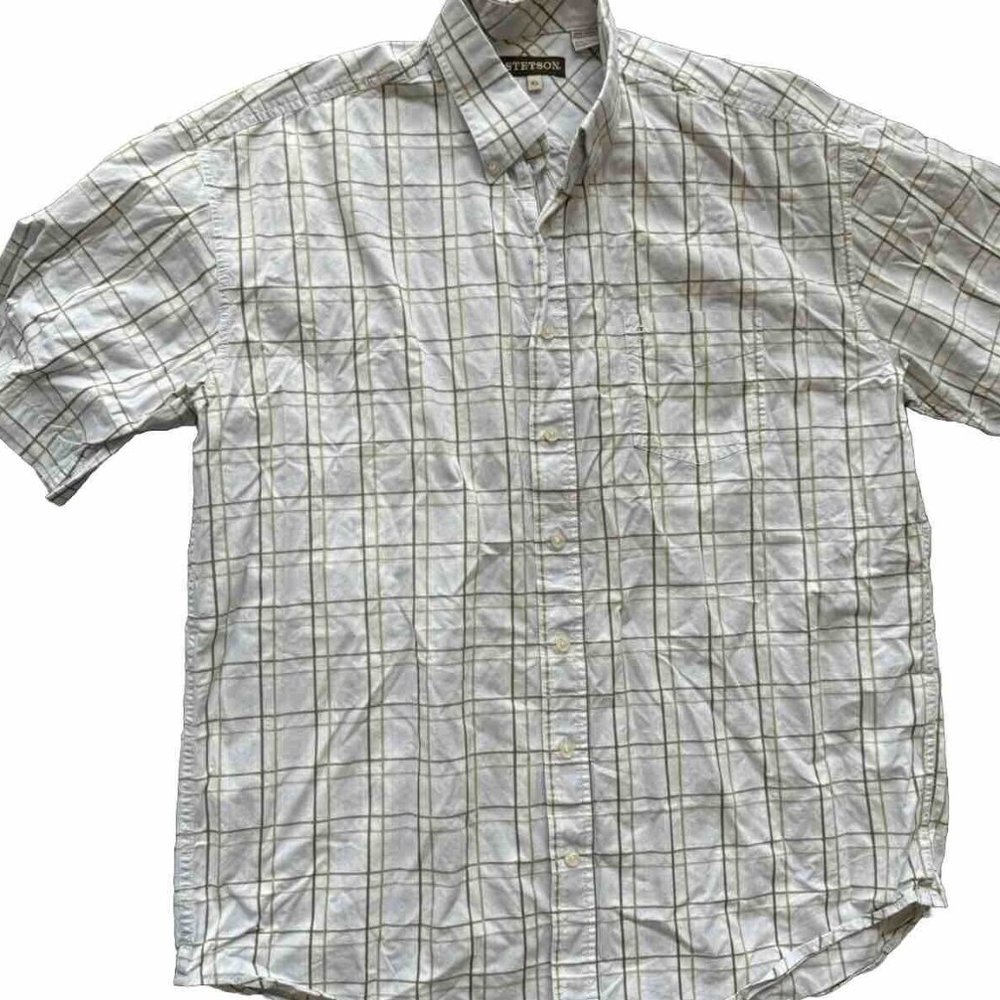 STETSON Short Sleeve Button Down Plaid Men's Size XL 100% Cotton Blue Green